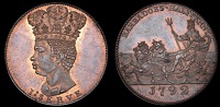 Barbados, ST. JAMES, Sir Philip Gibbes, Restrike Proof Halfpenny, 1792, in copper, similar, edge plain, 25.5mm, 12h...