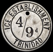 Trinidad, PORT OF SPAIN, Ice Establishment, uniface nickel Four Shillings and Ninepence by J. Robbins, Boston,...