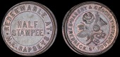 Trinidad, port of spain, H.E. Rapsey, copper Half-Stampee, c. 1860, legend around value, rev. shamrock, thistle and...
