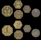 Cape Verde Islands, PEDRA LUME, Salins du Cap Vert, brass 2, 1 and 50 [Portuguese denominations scored through],...