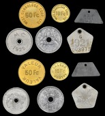 Congo, Afrique Equatoriale Française, uniface trapezoidal zinc jeton, 1921, 32 x 16mm (Lecompte 3); Moyen Congo,...