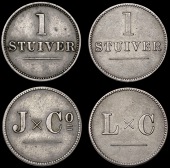 Curaçao, WILLEMSTAD, Jesurun & Co, German silver Stuiver [1874], 15mm (Scholten 1408); Leyba & Co, German silver...