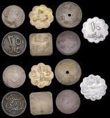 Egypt, CAIRO, Al-Qalmav, Nahasin Road, copper 20, legend all in Arabic, 23mm; Bari, Market Stall 42, square brass,...
