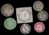 Egypt, Uncertain locality, Brasserie Rialto, brass, rev. stamped 2, 27mm; Djambaz, uniface copper, 22mm;...
