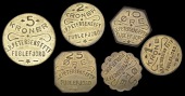Faeroe Islands, FUGLEFJORD, S.P. Petersens, uniface brass 5, 2 and 1 Krone, 25, 10 and 5 Øre (Sieg 16, 17, 21-4)...