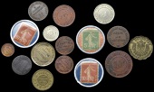 France, PARIS, Crédit Lyonnais, aluminium encased postage stamps (3), 10 Centimes (2), 5 Centimes, all 33mm; Cuchet...