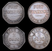 France, STRASBOURG, Fort Wanzenau, 2 Sous/10 Centimes (2, round and octagonal), legend, revs. value, both 20mm (G.E....