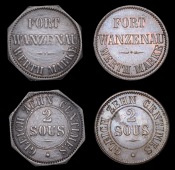 France, STRASBOURG, Fort Wanzenau, 2 Sous/10 Centimes (2, round and octagonal), legend, revs. value, both 20mm (G.E....