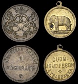 Iceland, EYRARBAKKA, Gudm. J.S. Leifsson, brass, rev. elephant, 20mm (Carlson 11; Bergsøe 944); THINGEYRAR,...