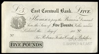 CORNWALL, Liskeard, East Cornwall Bank, Five Pounds, 1888, specimen on paper, for Robins, Foster, Goode & Bolithos,...
