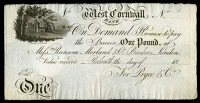 CORNWALL, Redruth, West Cornwall Bank, One Pound, 18—, unissued, for Pryce & Co, printed by Silvester, 27 Strand...