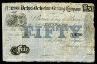 DERBYSHIRE, Derby, Derby & Derbyshire Banking Co, Fifty Pounds, 18—, unissued, C 700 (Outing 675u). Right edge...