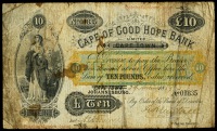 Cape of Good Hope Bank, Ten Pounds, 29 November 1889, no. 01835, Cape Town cancelled and replaced by Johannesburg...