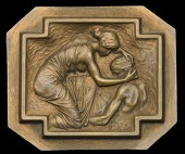 FRANCE, Croix-Rouge [1909], a uniface répousse bronze plaque by R. Lalique, kneeling nurse dressing a soldier's...