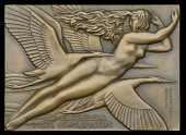 FRANCE, Aviation, 1931, a uniface Art Déco bronze plaque by R. Delamarre, naked female with flock of birds in...