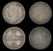 James II (1685-1688), Halfcrowns (2), 1687 edge tertio, 1688 edge qvarto, both second bust (ESC 500, 502; S 3408)...