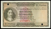 M.H. de Kock, Ten Shillings, 1948-59, undated and without numbers, colour trial in olive green and multicolour, back...