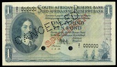 M.H. de Kock, One Pound, 1 August 1958, Z/1 000000 replacement, stamped specimen and perforated cancelled, two...
