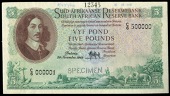M.H. de Kock, Five Pounds, 20 November 1948, printer’s specimen, C/6 000001 C/6 500000, perforated specimen,...