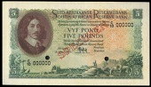 M.H. de Kock, Five Pounds, 3 April 1950, C/10 000000, stamped specimen, two small punch-holes at lower centre (Hern...
