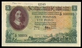 M.H. de Kock, Five Pounds, 21 May 1953, printer’s specimen, C/27 500001 C/27 1000000, perforated specimen, numbers...