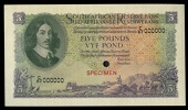 M.H. de Kock, Five Pounds, undated, C/67 000000, colour trial in green, dark violet and multicolour, stamped...
