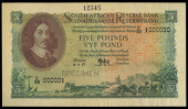 M.H. de Kock, Five Pounds, 19 June 1957, printer’s specimen, C/59 000001 C/59 100000, perforated specimen,...