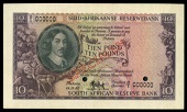 M.H. de Kock, Ten Pounds, 18 December 1952, D/1 000000, stamped specimen, two punch-holes at lower centre (Hern 205;...