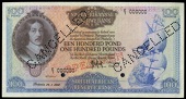 M.H. de Kock, One Hundred Pounds, 29 January 1952, E/1 000000, stamped specimen and perforated cancelled twice, two...