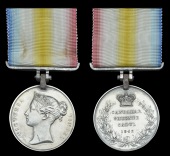 Candahar Ghuznee Cabul 1842, naming erased, with steel clip and straight bar suspension, scratch to Queen’s neck,...