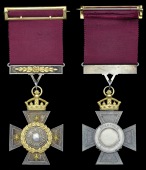 New Zealand Cross, in silver and gold, engraved ‘specimen’ in upper reverse centre, with gold buckle on riband,...