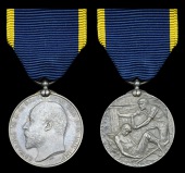 Edward Medal (Mines), E.VII.R., silver, unnamed specimen, with an investiture pin on reverse of the riband,...