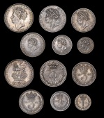 George IV (1820-1830), Sixpence, 1826, type 3, Maundy Fourpence, 1823, Threepences (2), 1822, 1828, Twopence, 1829,...