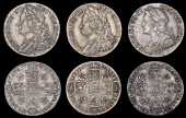 George II (1727-1760), Shillings (3), 1741, 1743, 1747, all roses (ESC 1202-3, 1209; S 3701-2) [3]. Good fine to...