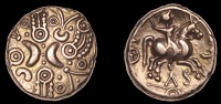 British Iron-Age, Catuvellauni, Tasciovanus, Stater, two crescents back-to-back across cruciform wreath pattern,...