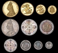 Victoria (1837-1901), Proof set, 1887, comprising gold Five and Two Pounds, Sovereign and Half-Sovereign, silver...