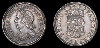 Oliver Cromwell, Shilling, 1658, by J.S. Tanner [struck in 1738], in silver, on thick flan, no berries on wreath, no...