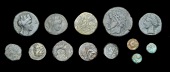 Greek Coinages, PHOENICIA, Aradus, Æ 15, head of Zeus right, rev. triple-pointed ram of galley, year 115 [145 BC],...