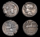 Roman Republican Coinage, M. Bæbius Q.f. Tampilus, Denarius, c. 137, helmeted head of Roma left, rev. Apollo in...