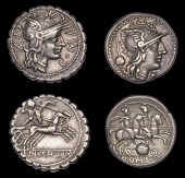 Roman Republican Coinage, T. Quinctius Flaminius, Denarius, c. 126, helmeted head of Roma right, rev. Dioscuri...