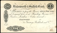 SUFFOLK, Halesworth, Halesworth & Suffolk Bank, Five Pounds, 18—, proof on card, for Gurneys, Birkbeck & Co, ‘In...