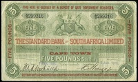 The Standard Bank of South Africa Ltd, Five Pounds, 9 January 1892, Cape Town, A/5 299316 (Hern 121; Pick S353). A...