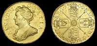 Anne (1702-1714), Five Guineas, 1709, edge octavo (MCE 201; S 3567). Minor die flaw on edge at 8 o’clock and...