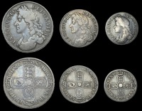 James II (1685-1688), Halfcrown, 1685, first bust, edge primo, Shilling, 1685, Sixpence, 1686, first 6 over another...