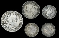 William III (1694-1702), Crown, 1695, first bust, edge octavo; Halfcrown, 1699, edge undecimo; Shillings (3), 1696,...