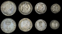William III (1694-1702), Fourpence, 1702, Threepence, 1701, reads gba, Twopence, 1699, Penny, 1701, no stop after...