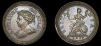 Anne (1702-1714), Pattern Farthing, 1714, in copper, by J. Croker, bust left, rev. Britannia seated left on globe,...