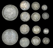 George I (1714-1727), Halfcrown, 1723 ss c, edge decimo; Sixpences (2), 1720/17 roses and plumes, 1723 ss c, small...