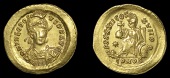 Roman Imperial Coinage, Theodosius II, Solidus, Constantinople, 441-50, helmeted and cuirassed bust three-quarters...