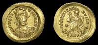 Roman Imperial Coinage, Theodosius II, Solidus, Constantinople, 441-50, helmeted and cuirassed bust three-quarters...